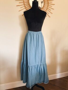 1980s Blue Maxi Tiered Skirt - Lightweight Gathered Waist